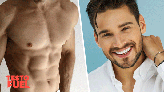 One man smiling nd another showing off his muscular abs and chest