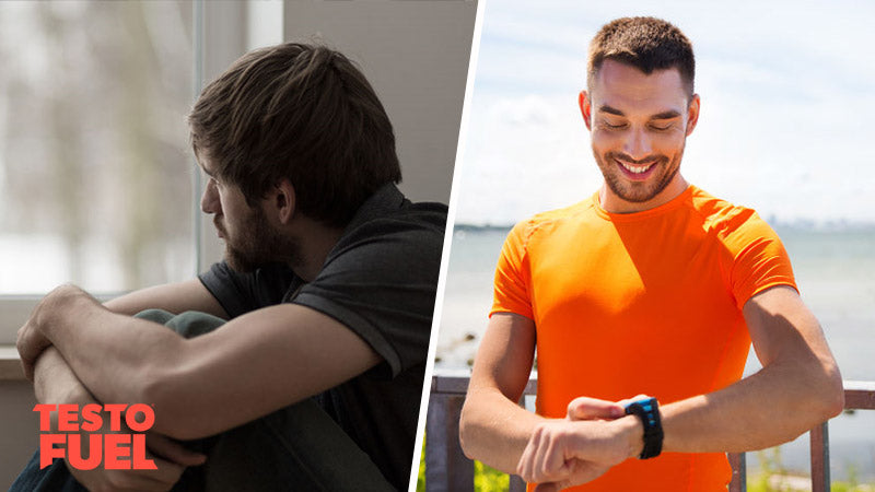 Man suffering from mental health condition looks out of a window whilst a fit, athletic man smiles while out running