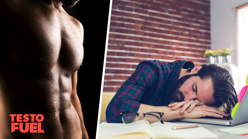 Tired man fatigued from his desk job. Across from him is a man with chiseled abs and a great physique