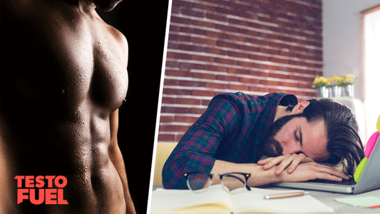Tired man fatigued from his desk job. Across from him is a man with chiseled abs and a great physique