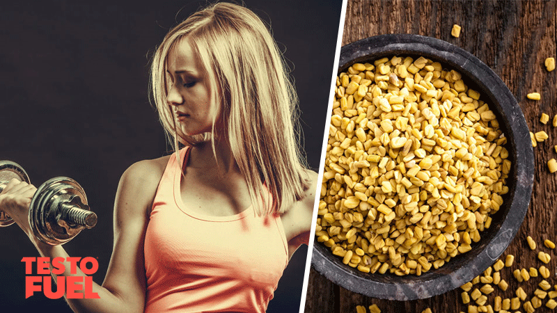 A bowl of yellow fenugreek seeds and a blonde-haired woman lifting weights