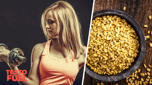 A bowl of yellow fenugreek seeds and a blonde-haired woman lifting weights