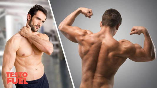 Split screen image of bodybuilders one in pain from a bad neck and the other tensing his biceps