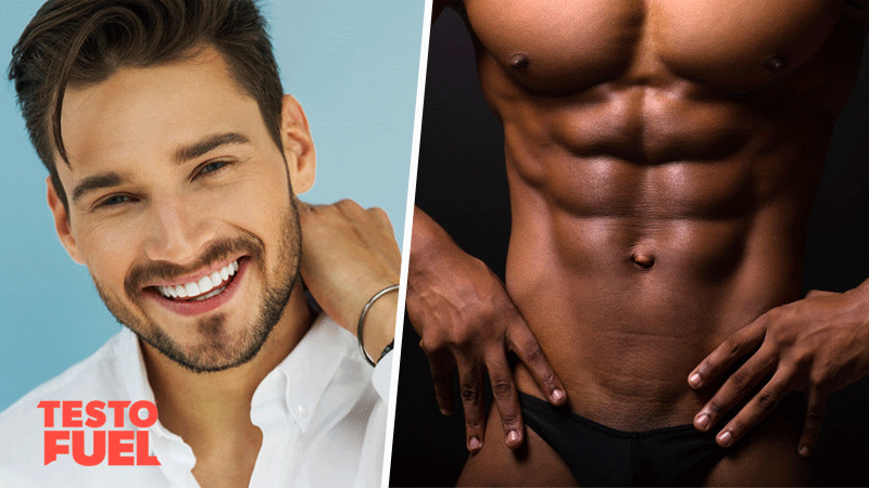 Handsome dark-haired man smiling across from another man with his abs showing