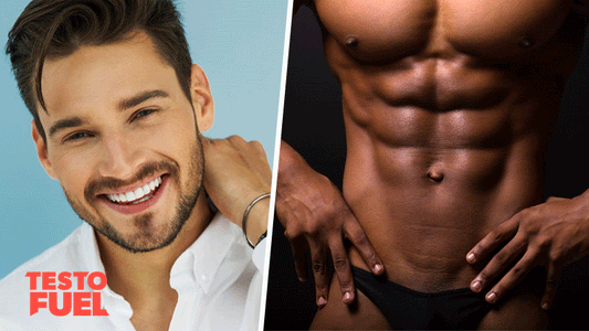 Handsome dark-haired man smiling across from another man with his abs showing