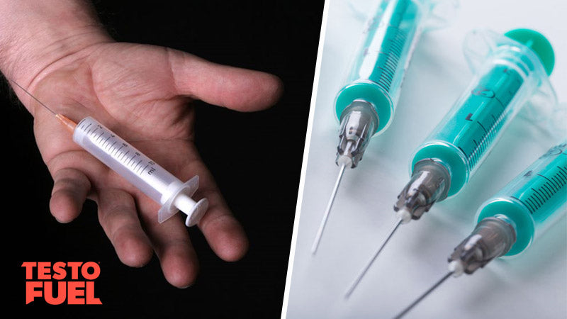 Split image of a range of different needles on a white background and a man holding a syringe on a black background