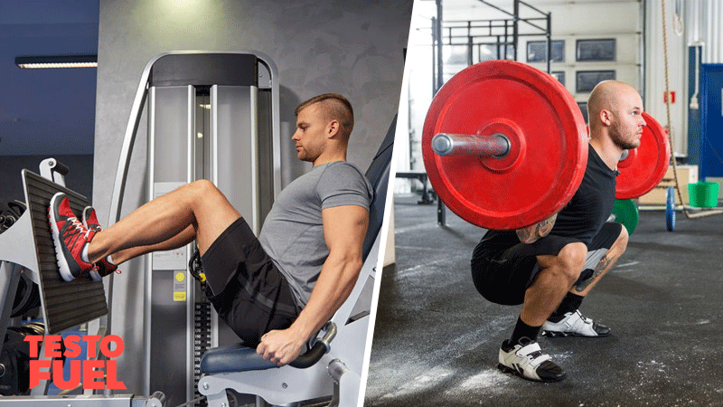 Two men in the gym, one leg pressing and the other squatting