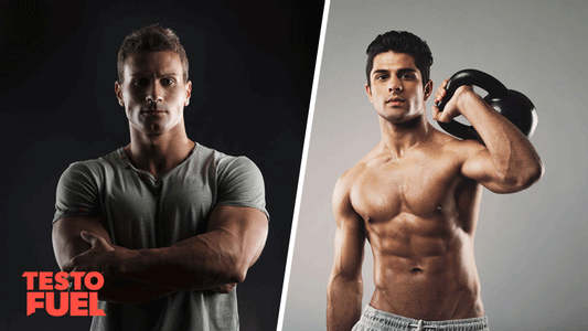 Two male athletes showing off their toned physiques on black and grey backgrounds