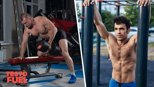 Two men with grat physiques in the gym -one inside and the other outside