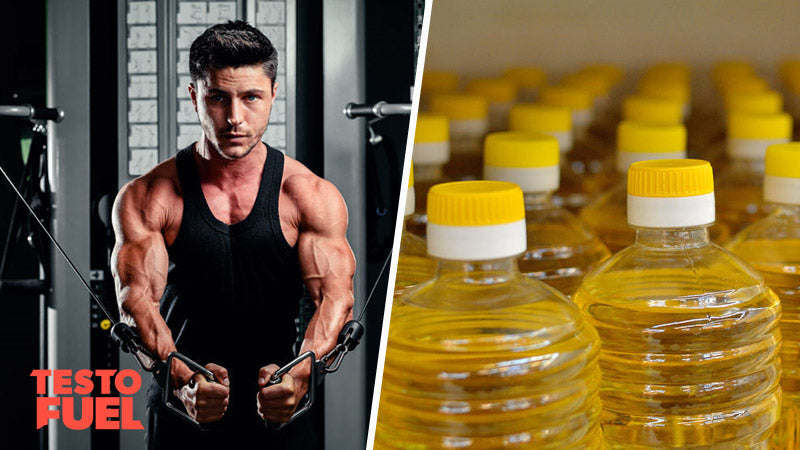Bottles of vegetable oil and an athletic bodybuilder exercising in the gym