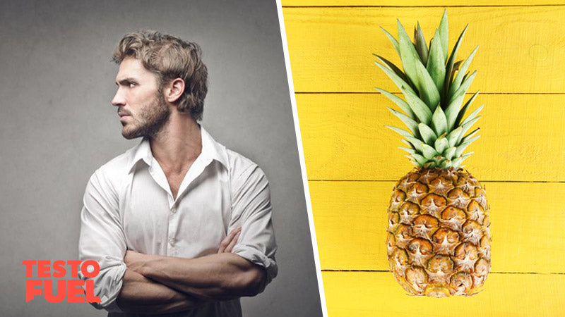 Man with open shirt and a pineapple on a yellow table