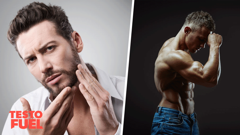 One man checks his skin for acne while another flex his muscles in the gym