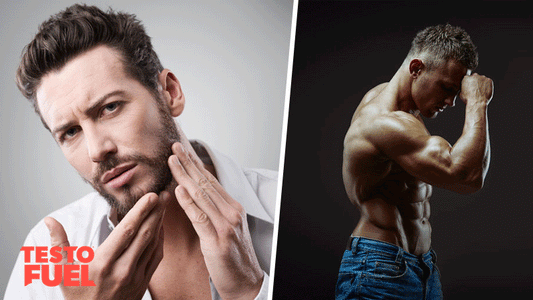 One man checks his skin for acne while another flex his muscles in the gym