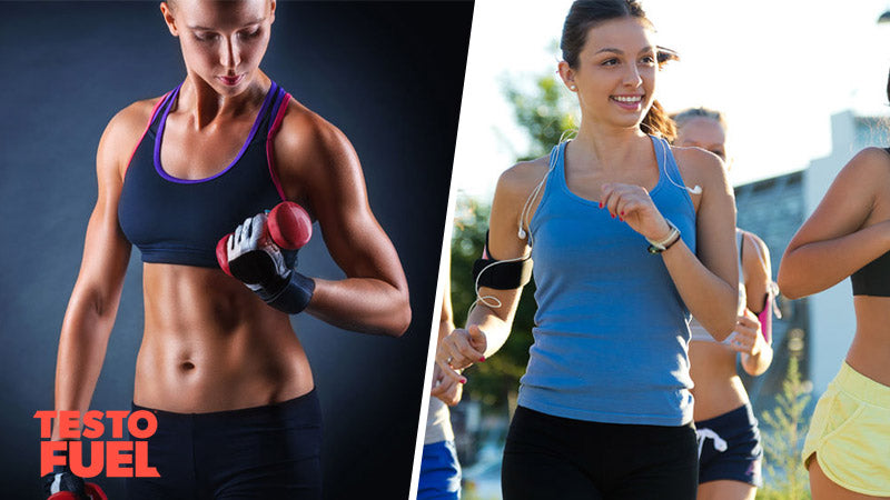 Split screen image of one woman lifting weights and another running outside