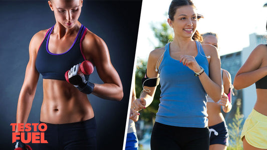 Split screen image of one woman lifting weights and another running outside