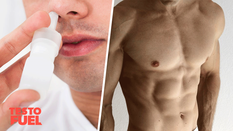 A man using a nasal spray and another man shows off his muscular physique