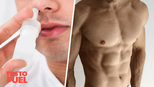 A man using a nasal spray and another man shows off his muscular physique