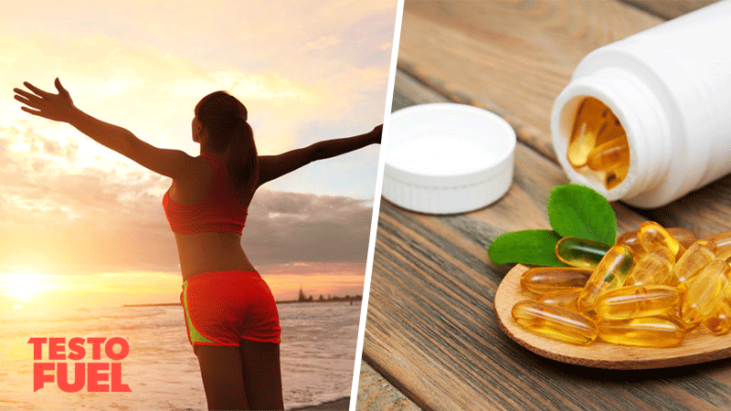 A young woman facing the sunrise and a bottle of vitamin d3 tablets on a table