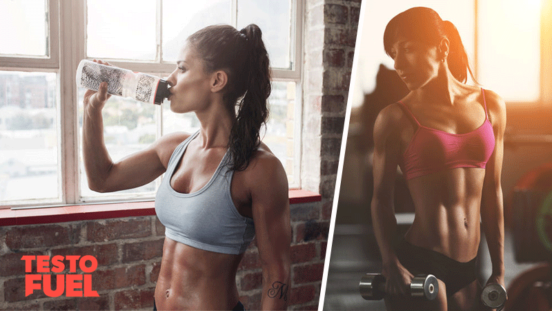 Two female athletes in the gym working hard pumping muscles up