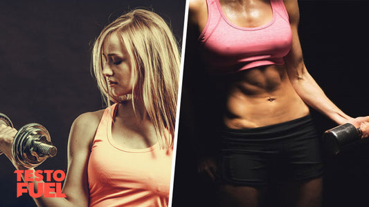 Two women lifting dumbbells back to back