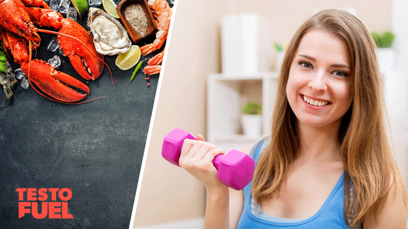 A woman lifting a pink dumbbell and a range of zinc-rich foods