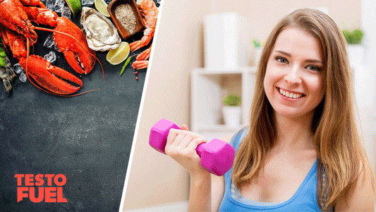 A woman lifting a pink dumbbell and a range of zinc-rich foods