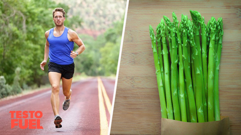 Asparagus spears on a table with a man running through nature