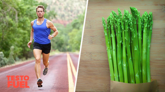 Asparagus spears on a table with a man running through nature