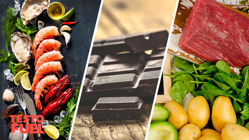 A mosaic image of different foods containing testosterone boosting vitamins and minerals