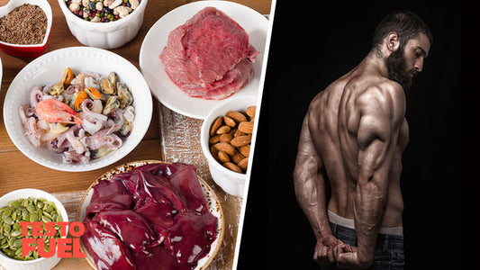 Split screen image of high zinc foods and a bodybuilder posing