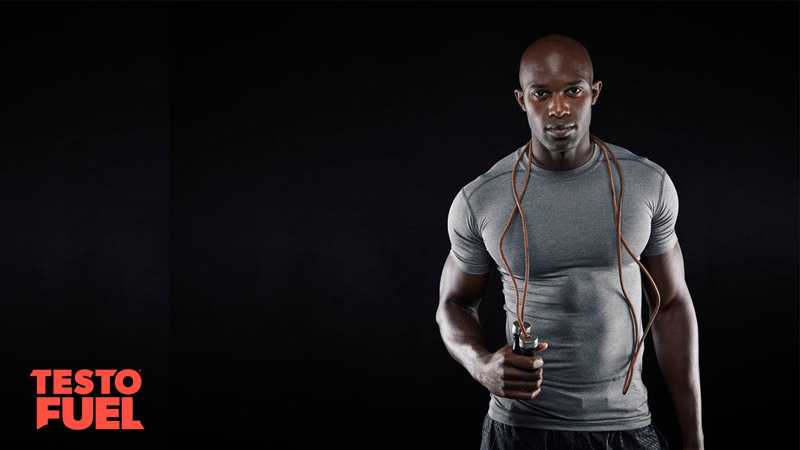 Muscularman with high testosterone with skipping rope