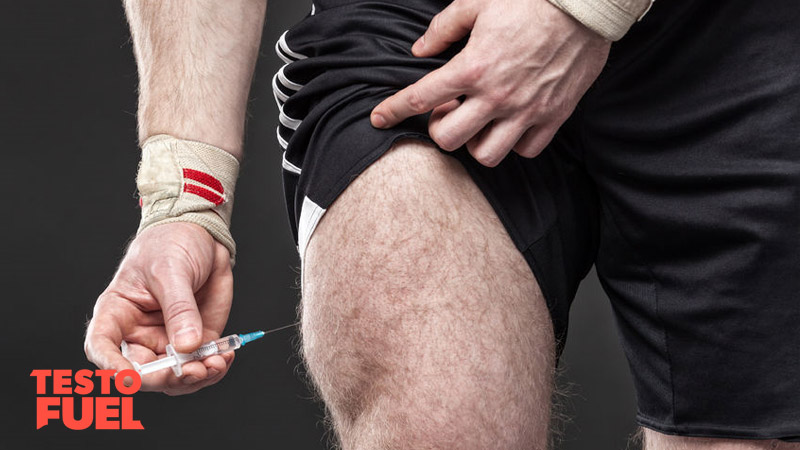 Man injecting steroids into his leg with a needle