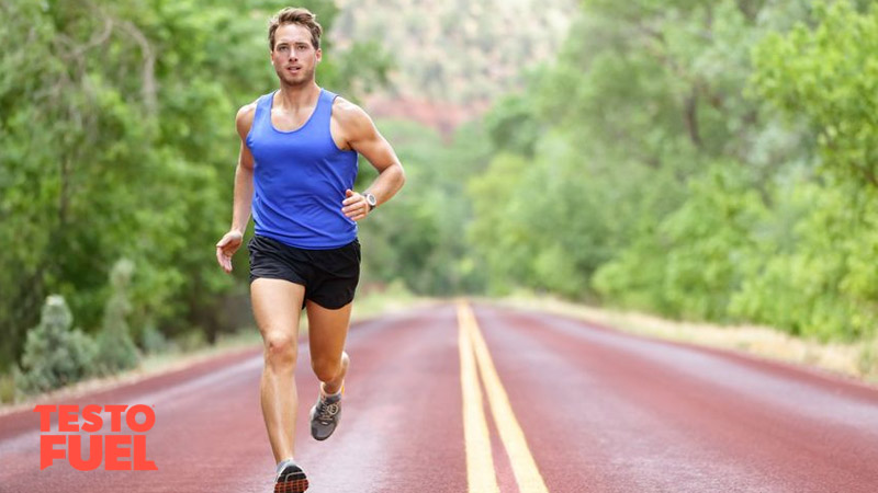 Athletic man running down the carriageway of a woody area