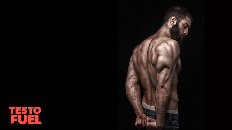 Shirtless, muscular man striking a triceps pose on black background