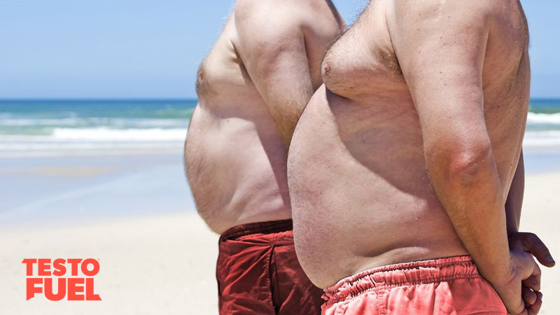 Two overweight men stood on a beach with fat bellies and man boobs