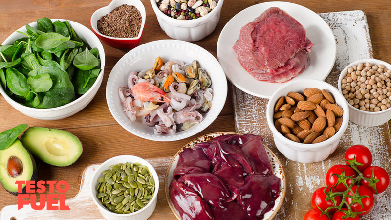 A range of different foods that contain zinc - liver, seafood, spinach and nuts